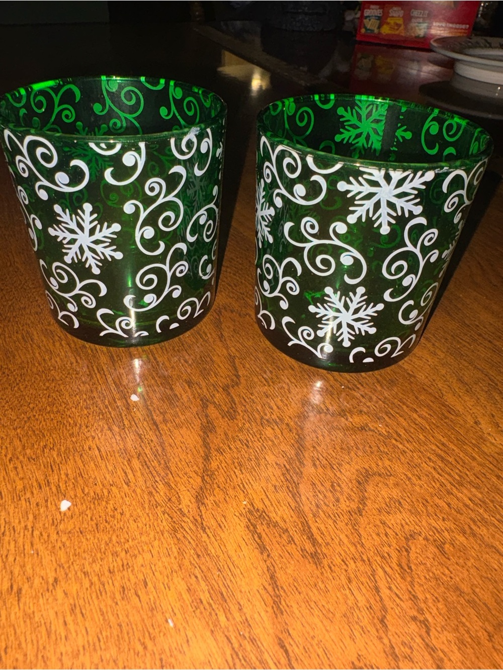 PartyLite Green Glass Votive Holders with White Snowflake Design